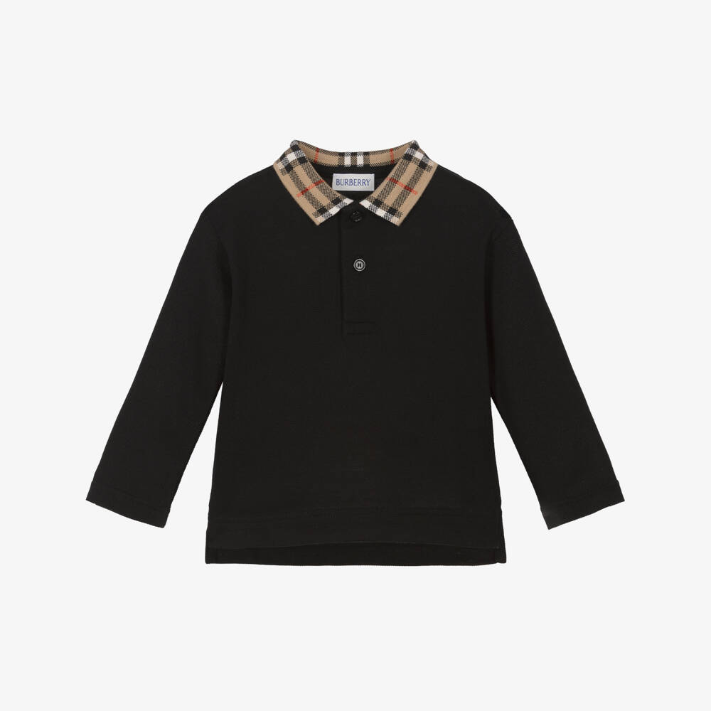 Burberry-Baby Boys Black Polo Shirt with Burberry Check Collar | Childrensalon