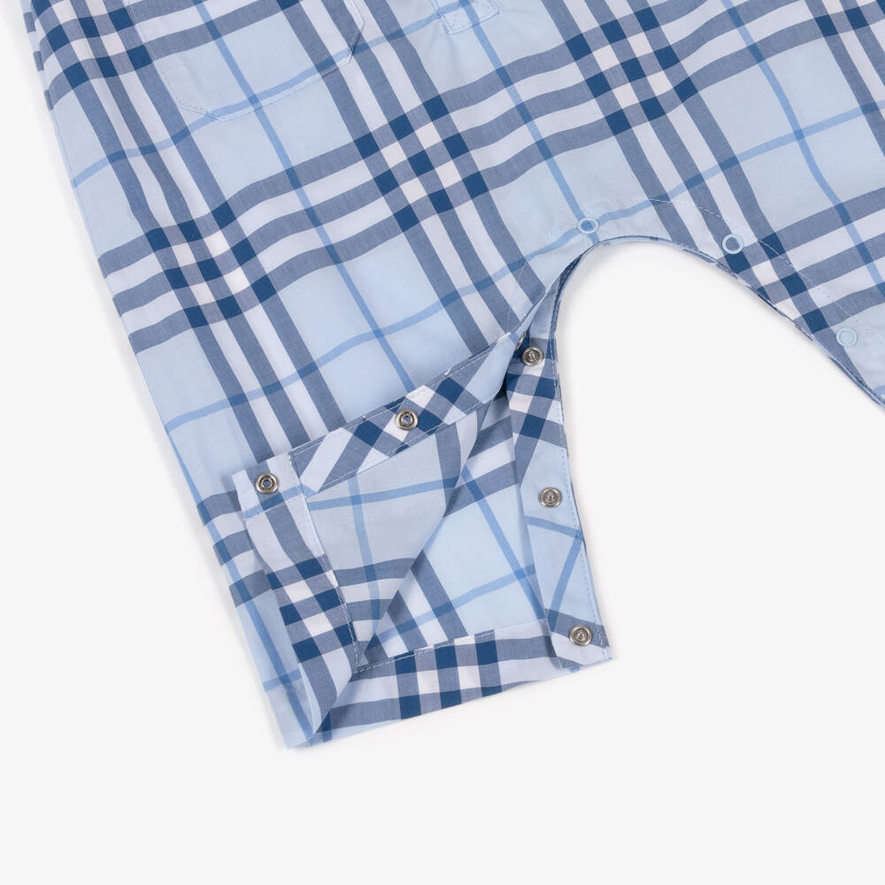 Burberry-Baby Boys Blue Check Cotton Romper | Childrensalon