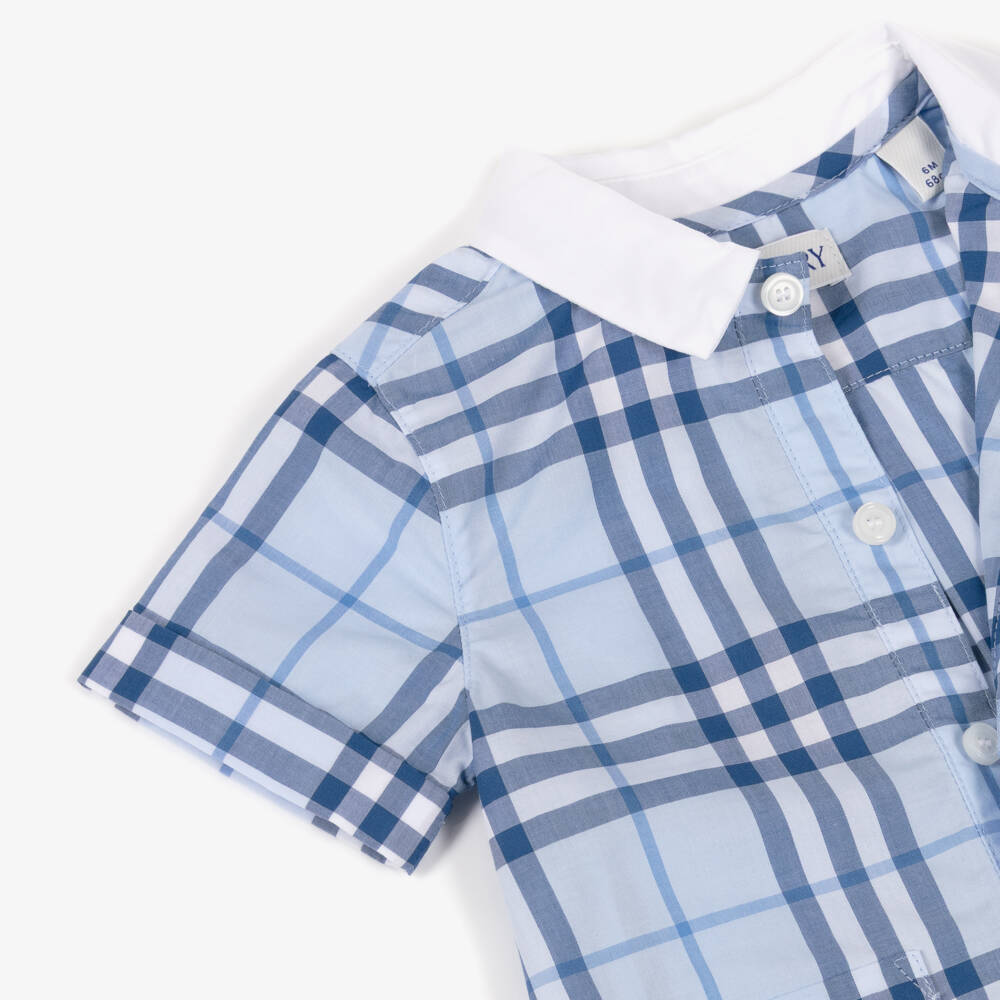Burberry-Baby Boys Blue Check Cotton Romper | Childrensalon