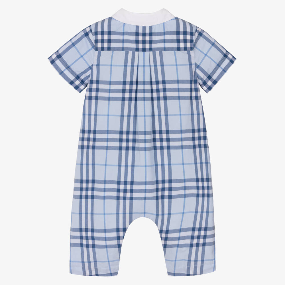 Burberry-Baby Boys Blue Check Cotton Romper | Childrensalon