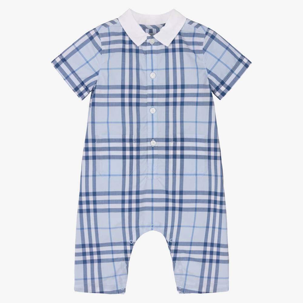 Burberry-Baby Boys Blue Check Cotton Romper | Childrensalon