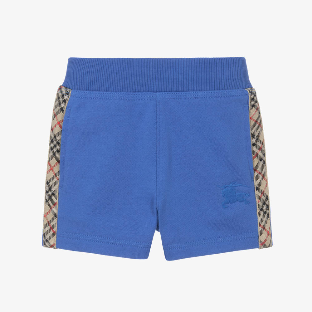 Burberry-Baby Boys Blue Cotton Jersey Shorts with Beige Check Trim | Childrensalon