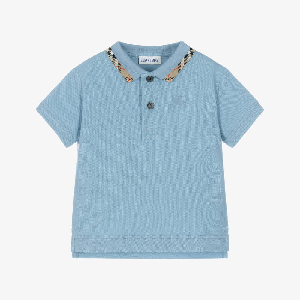 Burberry-Baby Boys Blue Cotton Polo Shirt with Check Collar | Childrensalon