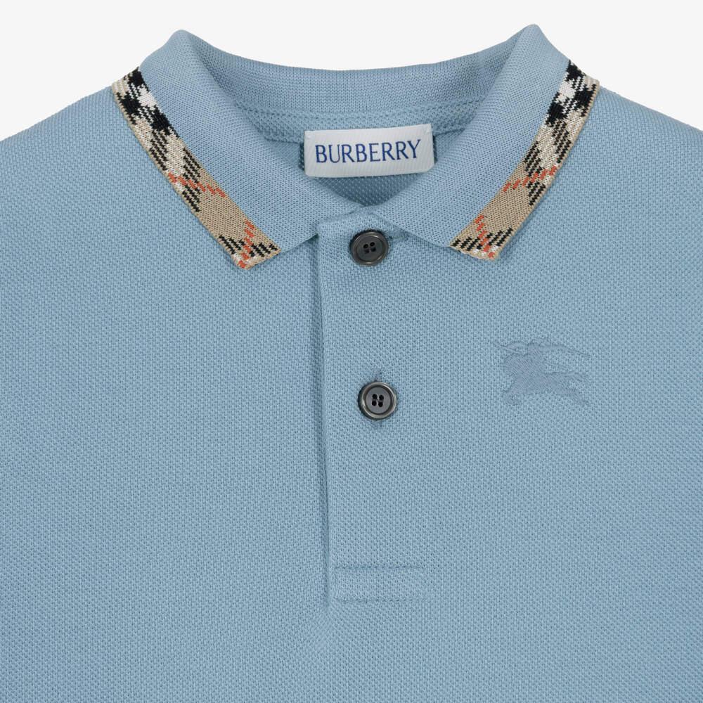 Burberry-Baby Boys Blue Cotton Polo Shirt with Check Collar | Childrensalon