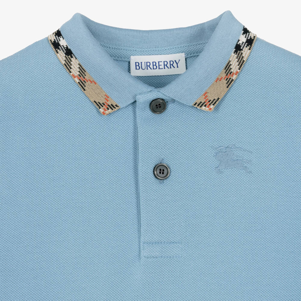 Burberry-Baby Boys Blue Cotton Polo Shirt with Check Collar | Childrensalon