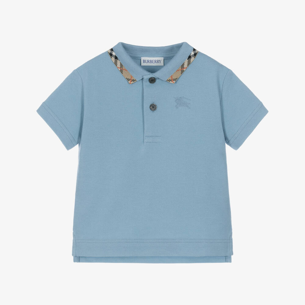 Burberry-Baby Boys Blue Cotton Polo Shirt with Check Collar | Childrensalon