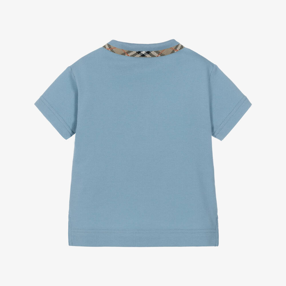 Burberry-Baby Boys Blue Cotton Polo Shirt with Check Collar | Childrensalon