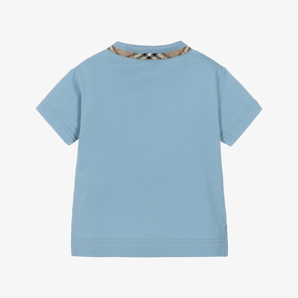 Burberry-Baby Boys Blue Cotton Polo Shirt with Check Collar | Childrensalon