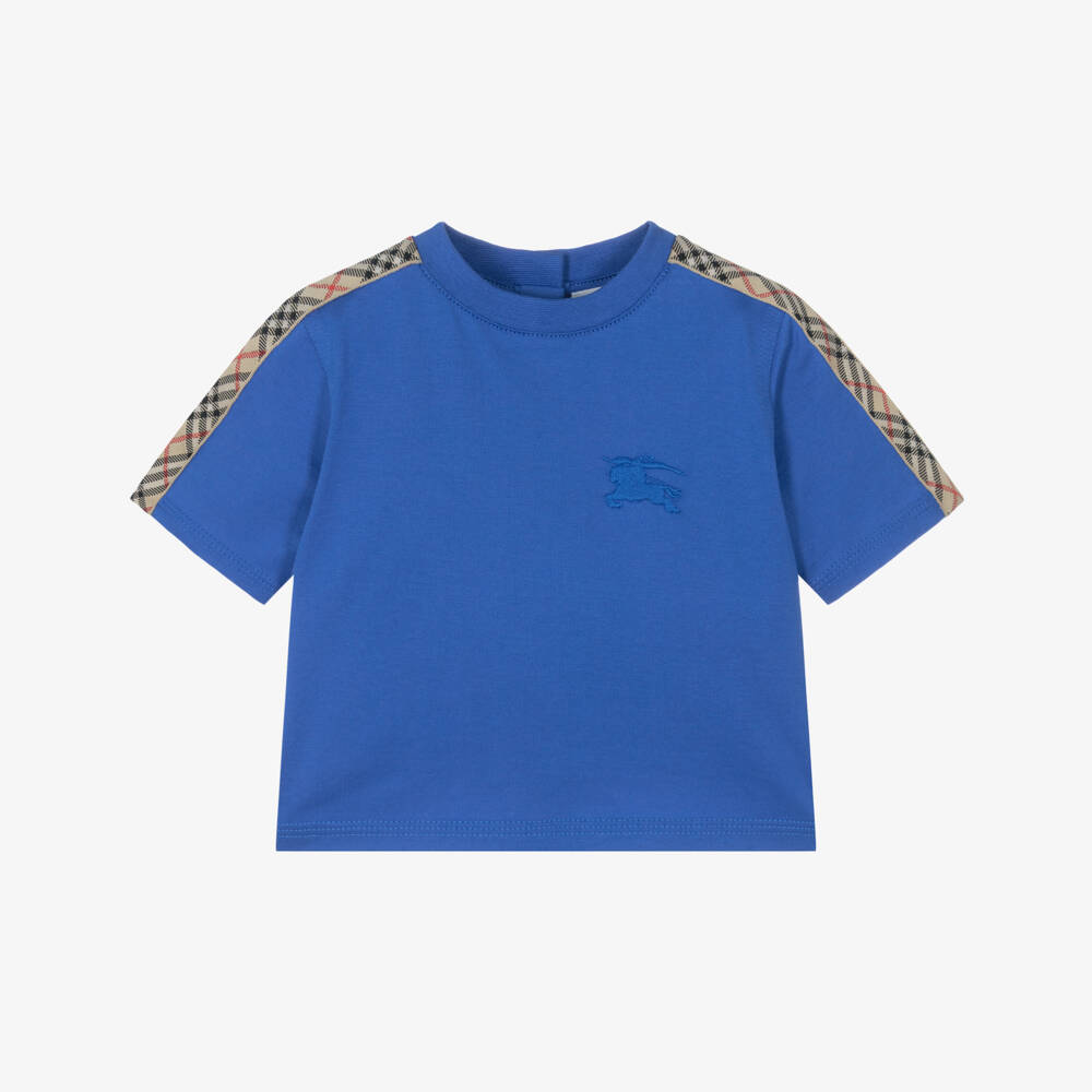 Burberry-Baby Boys Blue Cotton T-Shirt with Beige Check Trim | Childrensalon