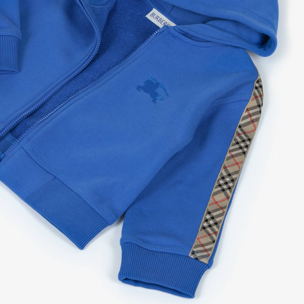 Burberry-Baby Boys Blue Cotton Zip-Up Hoodie with Beige Check Trim | Childrensalon