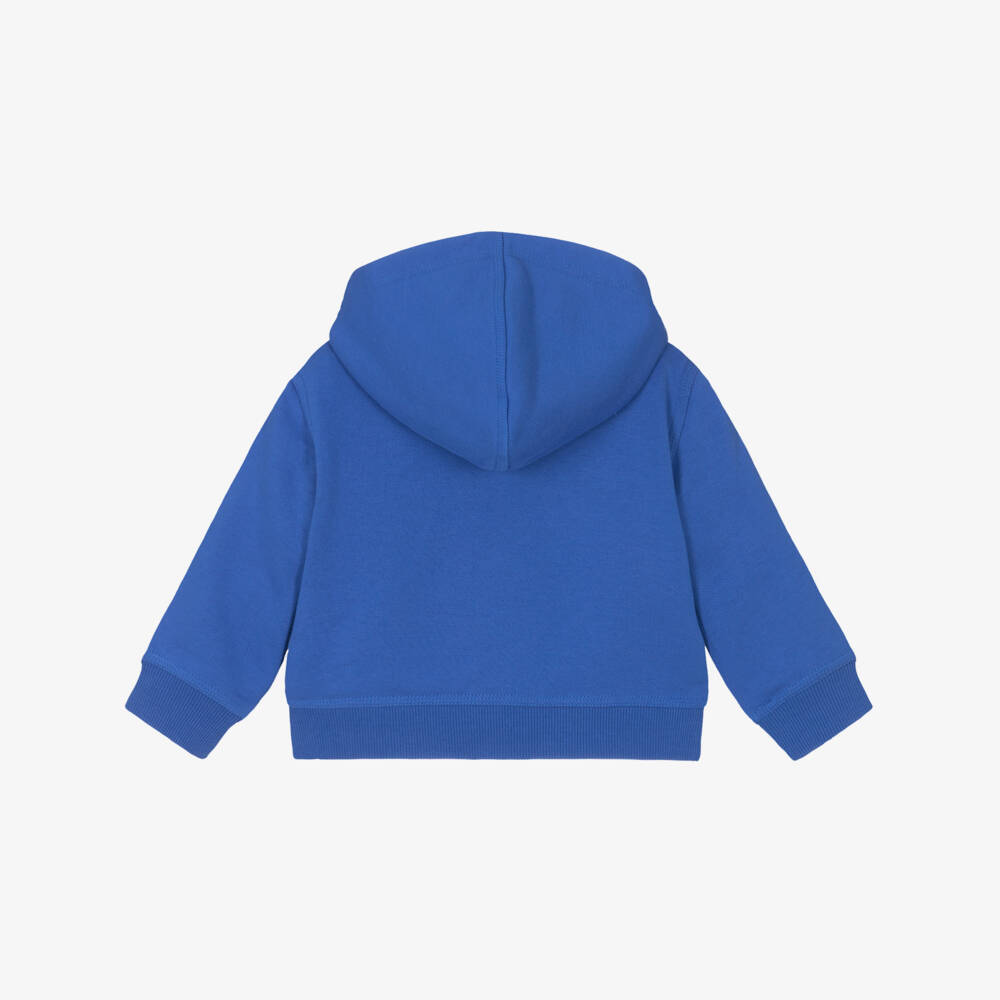 Burberry-Baby Boys Blue Cotton Zip-Up Hoodie with Beige Check Trim | Childrensalon