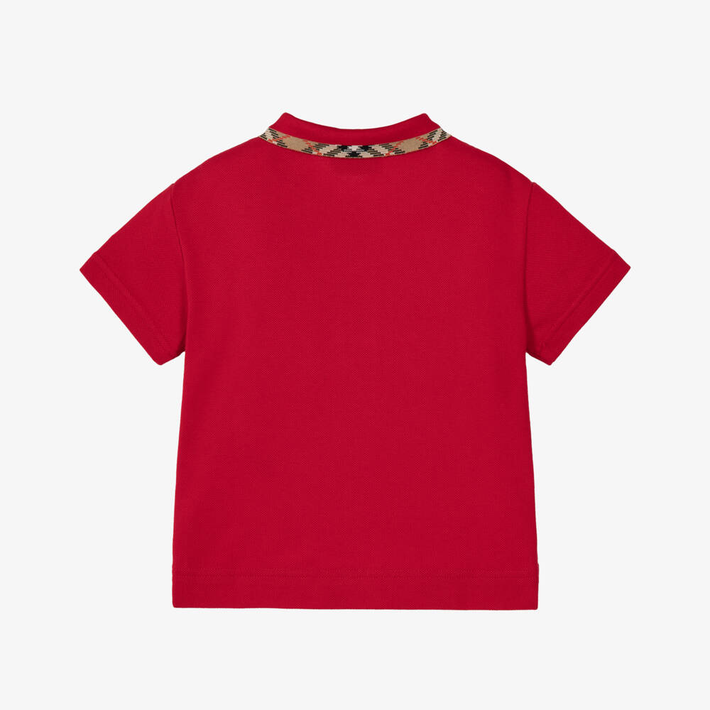 Burberry-Baby Boys Red Piqué Polo Shirt with Burberry Check Trim | Childrensalon