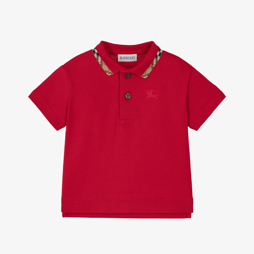 Burberry-Baby Boys Red Piqué Polo Shirt with Burberry Check Trim | Childrensalon
