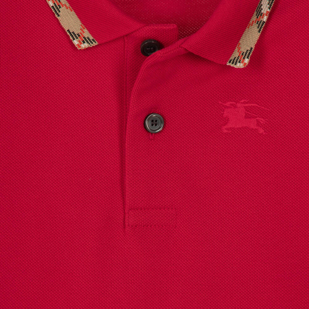 Burberry-Baby Boys Red Piqué Polo Shirt with Burberry Check Trim | Childrensalon