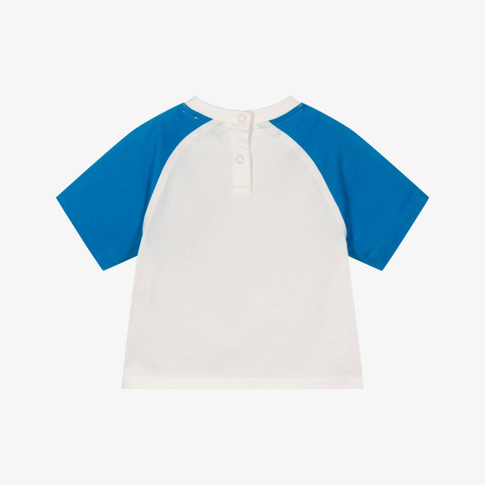 Burberry-Baby Boys White & Blue Cotton T-Shirt with Flocked Logo | Childrensalon