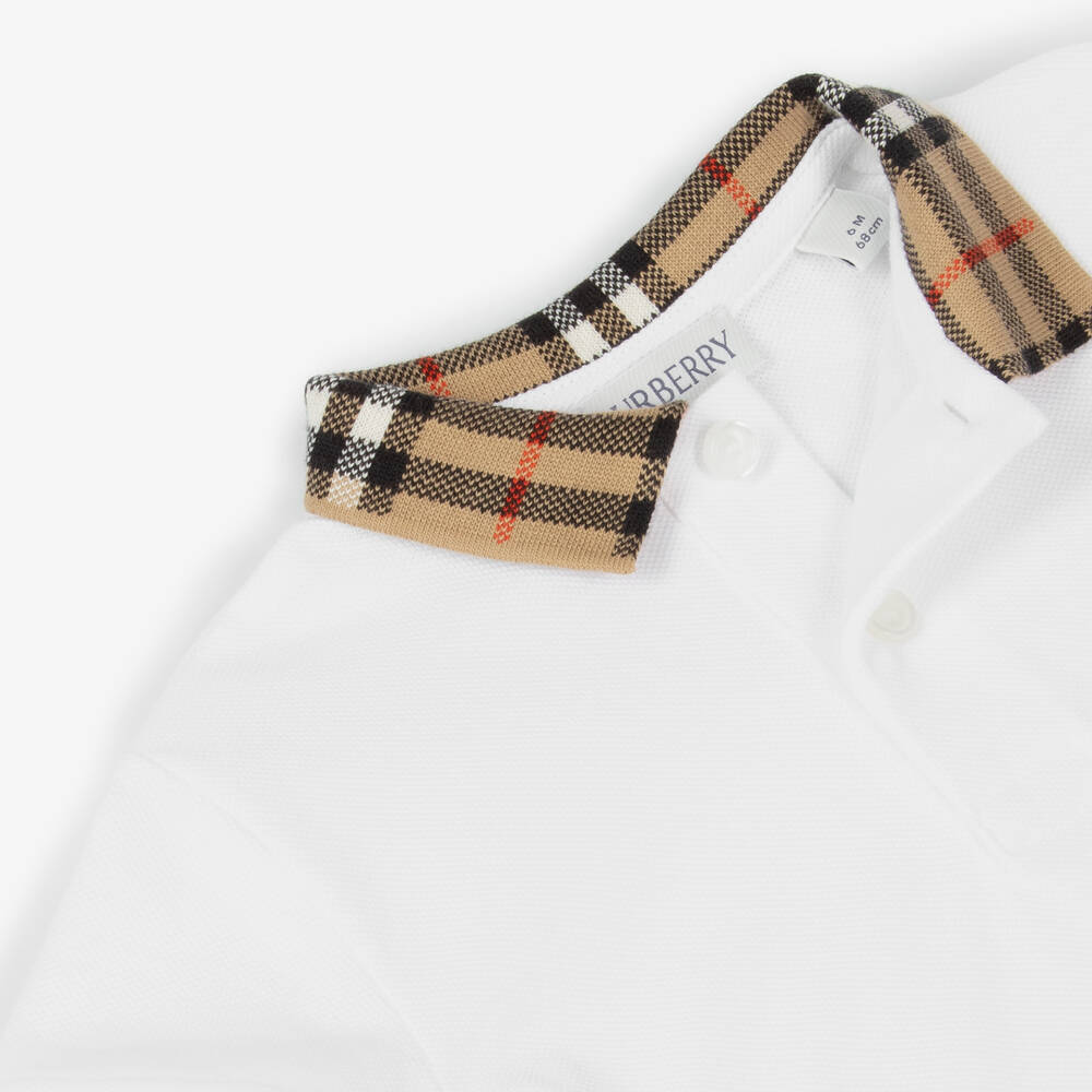 Burberry-Baby Boys White Cotton Check Polo Shirt | Childrensalon