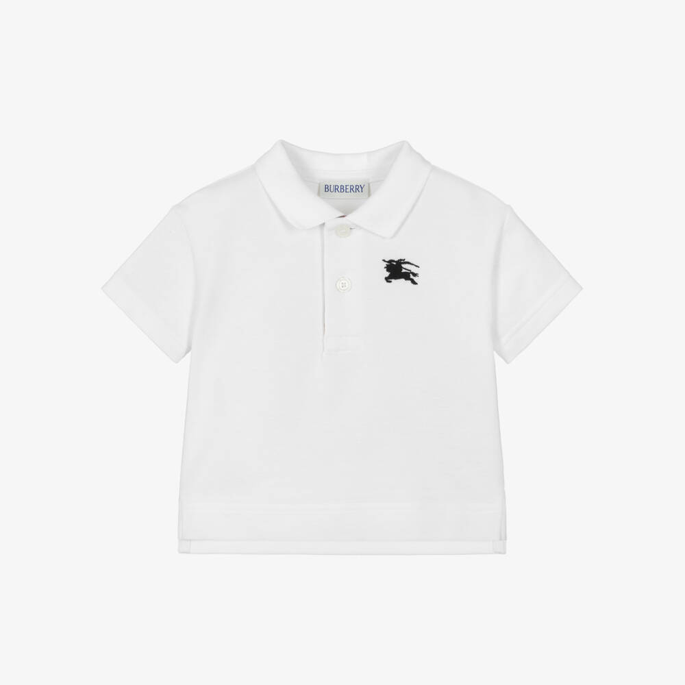 Burberry-Baby Boys White Cotton Piqué Polo Shirt with EKD Logo | Childrensalon