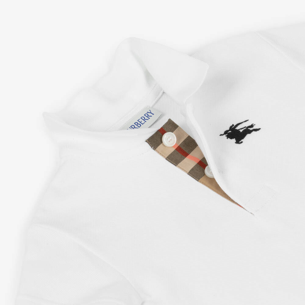 Burberry-Baby Boys White Cotton Piqué Polo Shirt with EKD Logo | Childrensalon