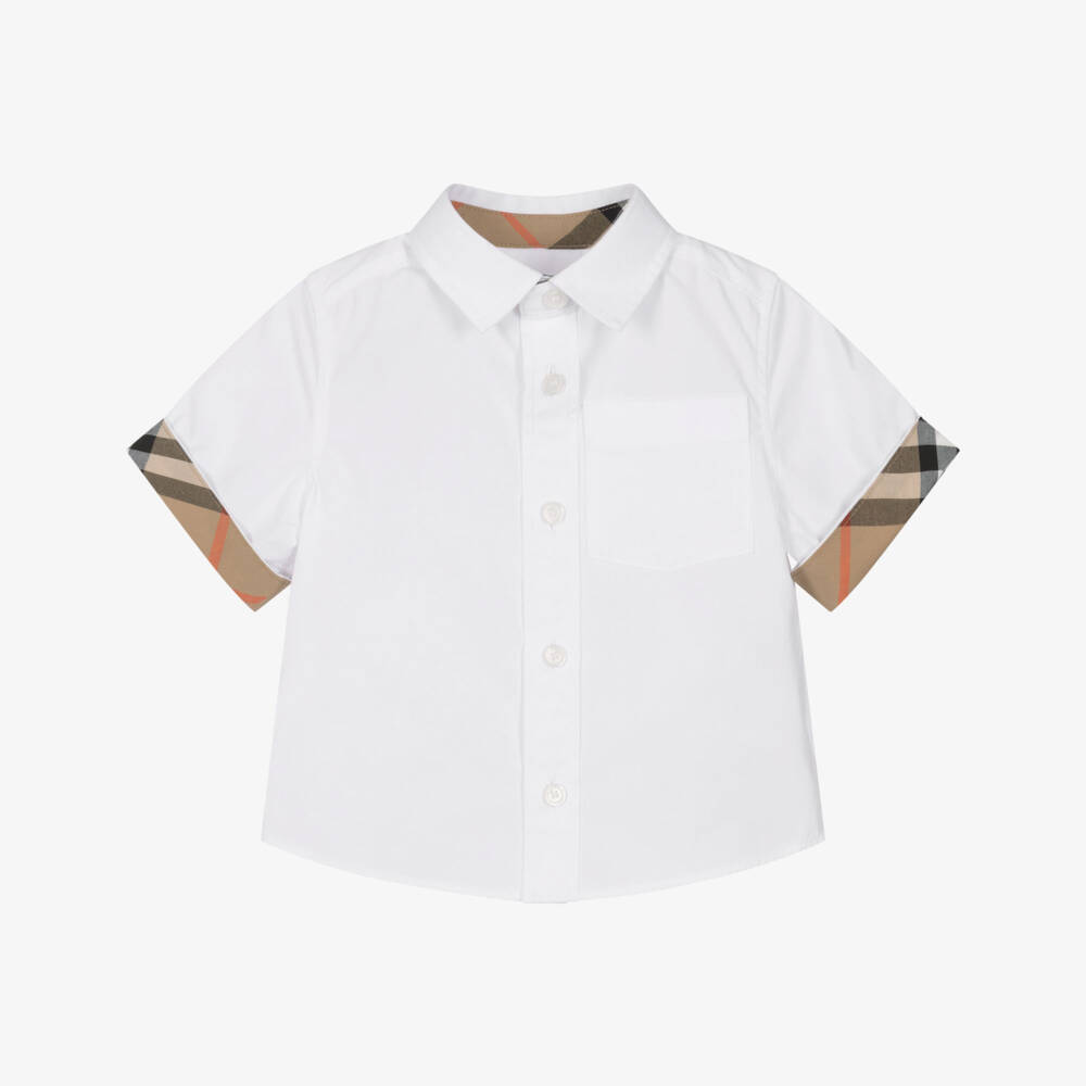 Burberry-Baby Boys White Cotton Shirt with Burberry Check Trim | Childrensalon