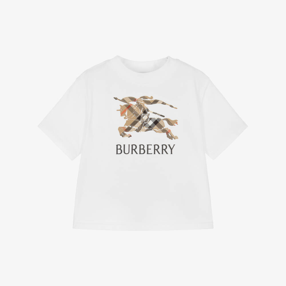 Burberry-Baby Boys White Cotton T-Shirt with Beige Check EKD Appliqué | Childrensalon