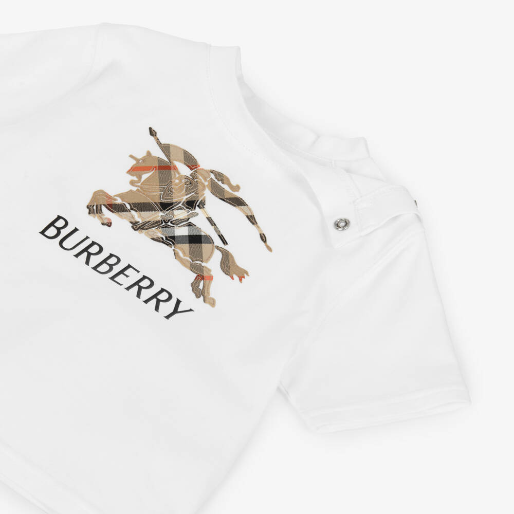Burberry-Baby Boys White Cotton T-Shirt with Beige Check EKD Appliqué | Childrensalon