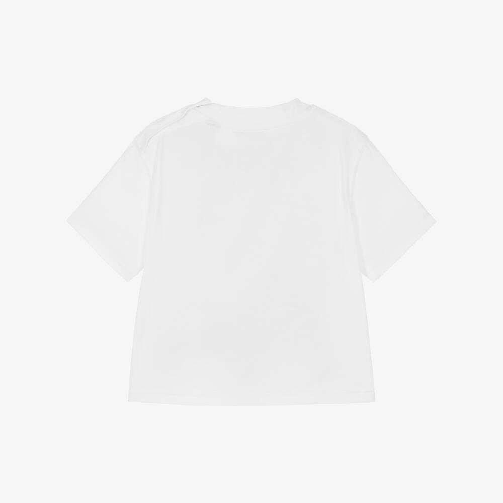 Burberry-Baby Boys White Cotton T-Shirt with Beige Check EKD Appliqué | Childrensalon
