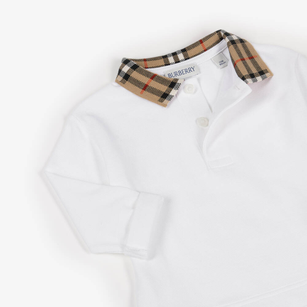 Burberry-Baby Boys White Polo Shirt with Burberry Check Collar | Childrensalon