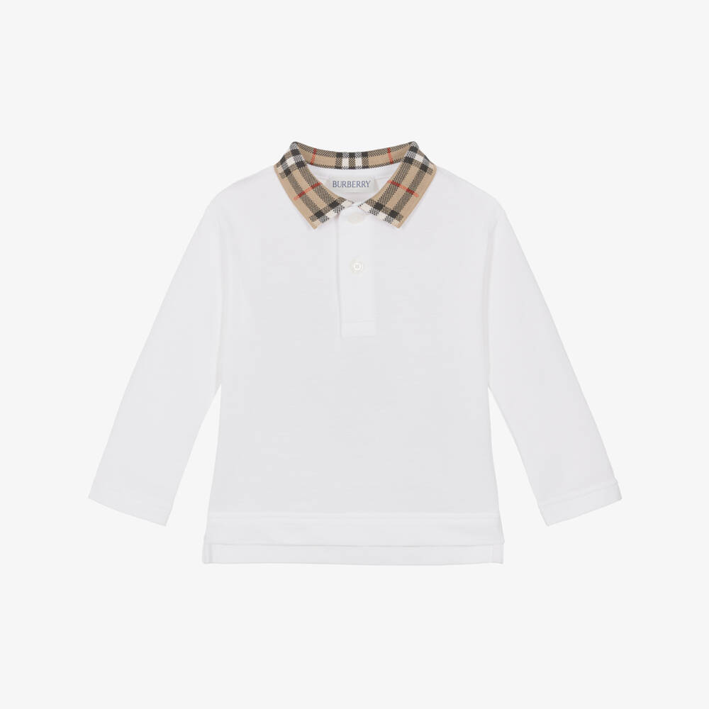 Burberry-Baby Boys White Polo Shirt with Burberry Check Collar | Childrensalon
