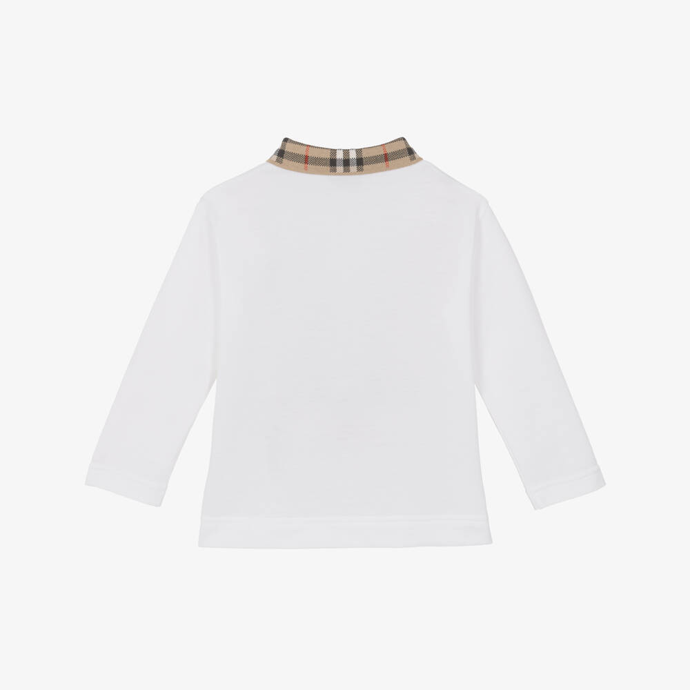 Burberry-Baby Boys White Polo Shirt with Burberry Check Collar | Childrensalon