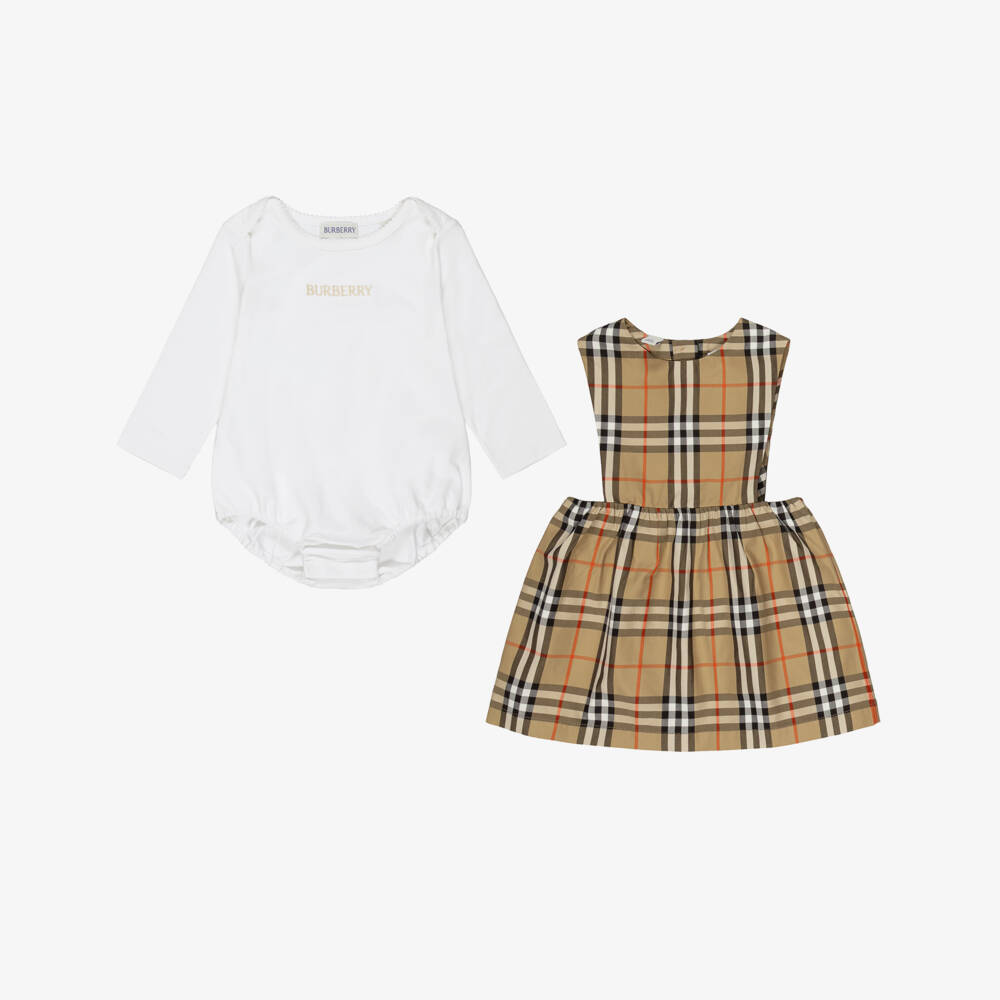 Burberry-Baby Girls Beige Burberry Check Dress Set | Childrensalon