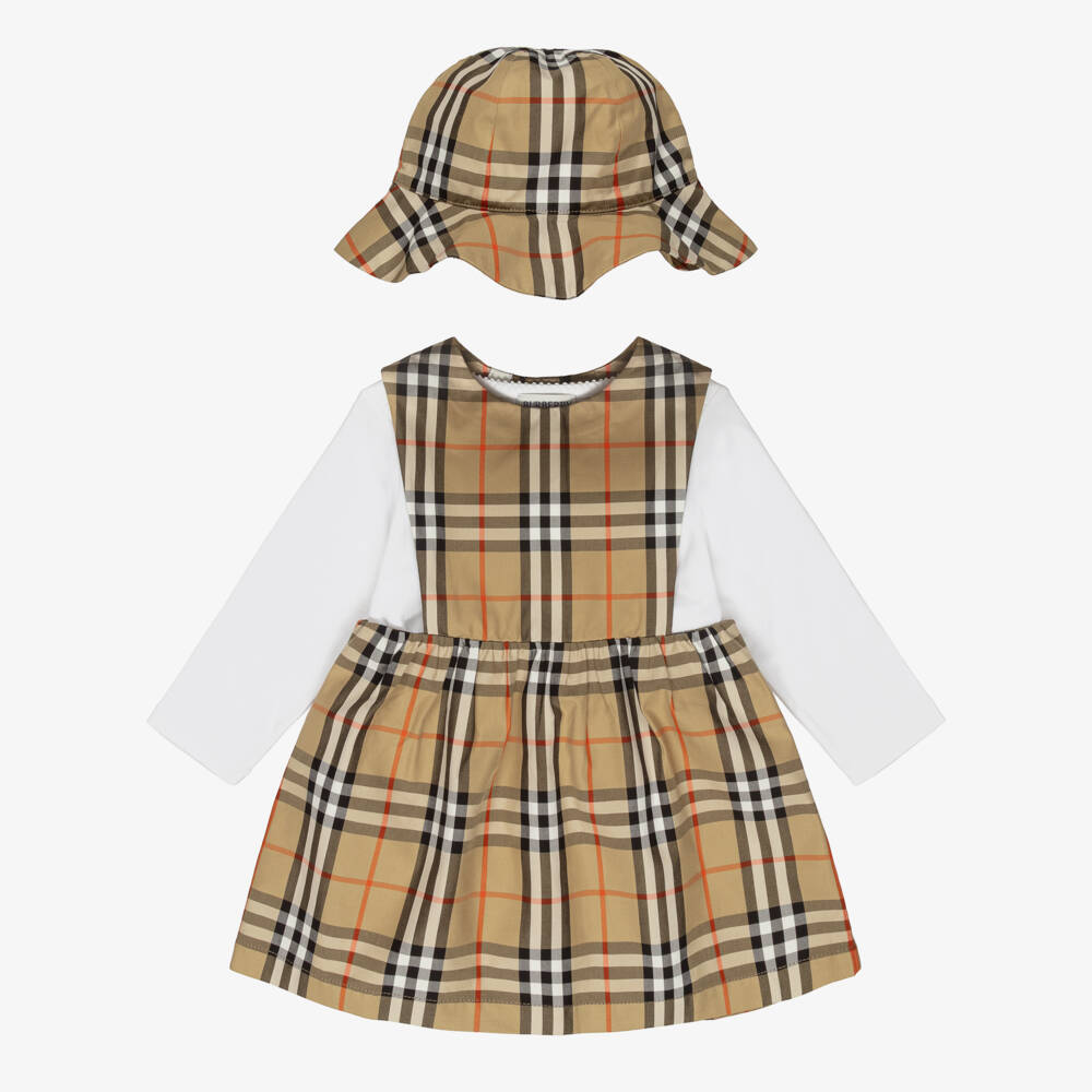 Burberry-Baby Girls Beige Burberry Check Dress Set | Childrensalon