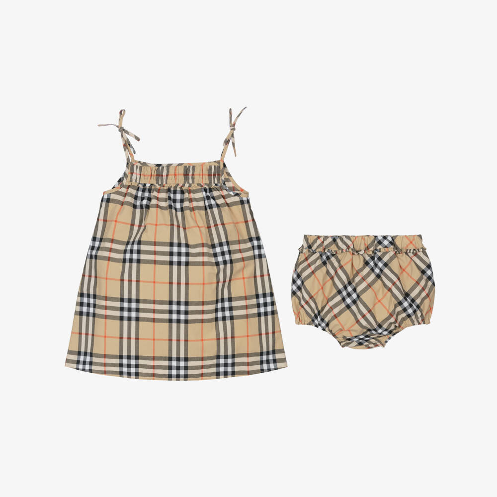 Burberry-Baby Girls Beige Check Cotton Dress | Childrensalon