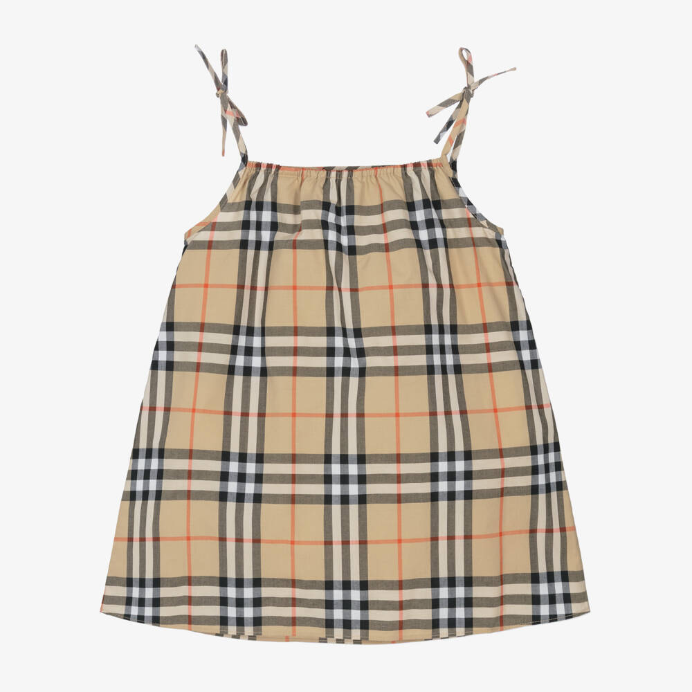 Burberry-Baby Girls Beige Check Cotton Dress | Childrensalon