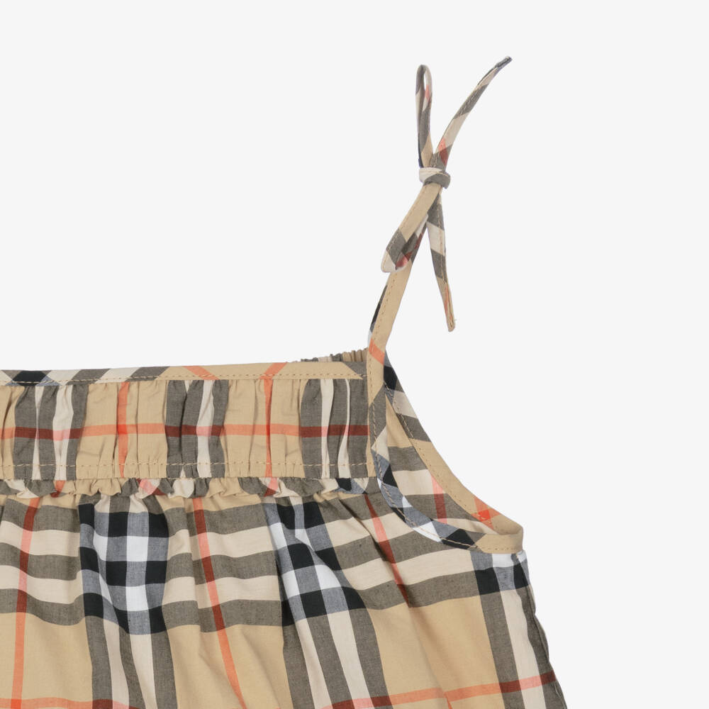 Burberry-Baby Girls Beige Check Cotton Dress | Childrensalon