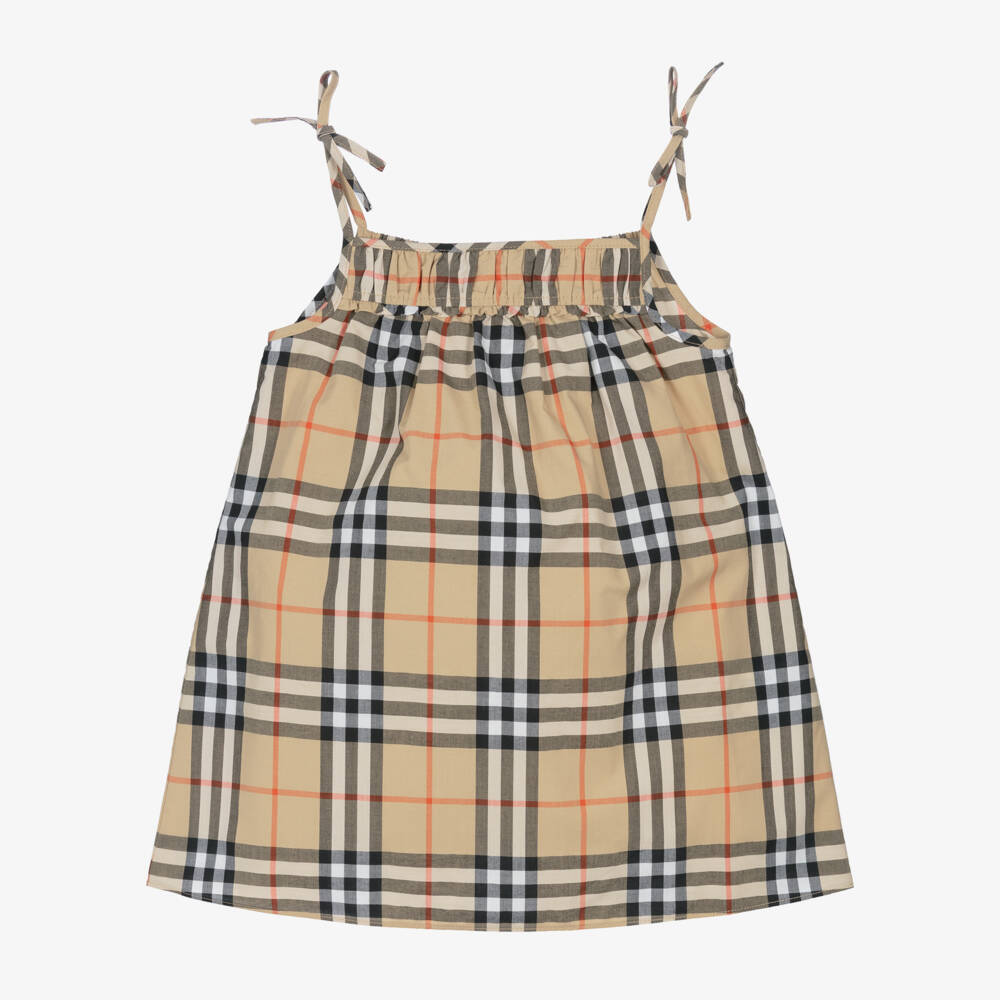 Burberry-Baby Girls Beige Check Cotton Dress  | Childrensalon