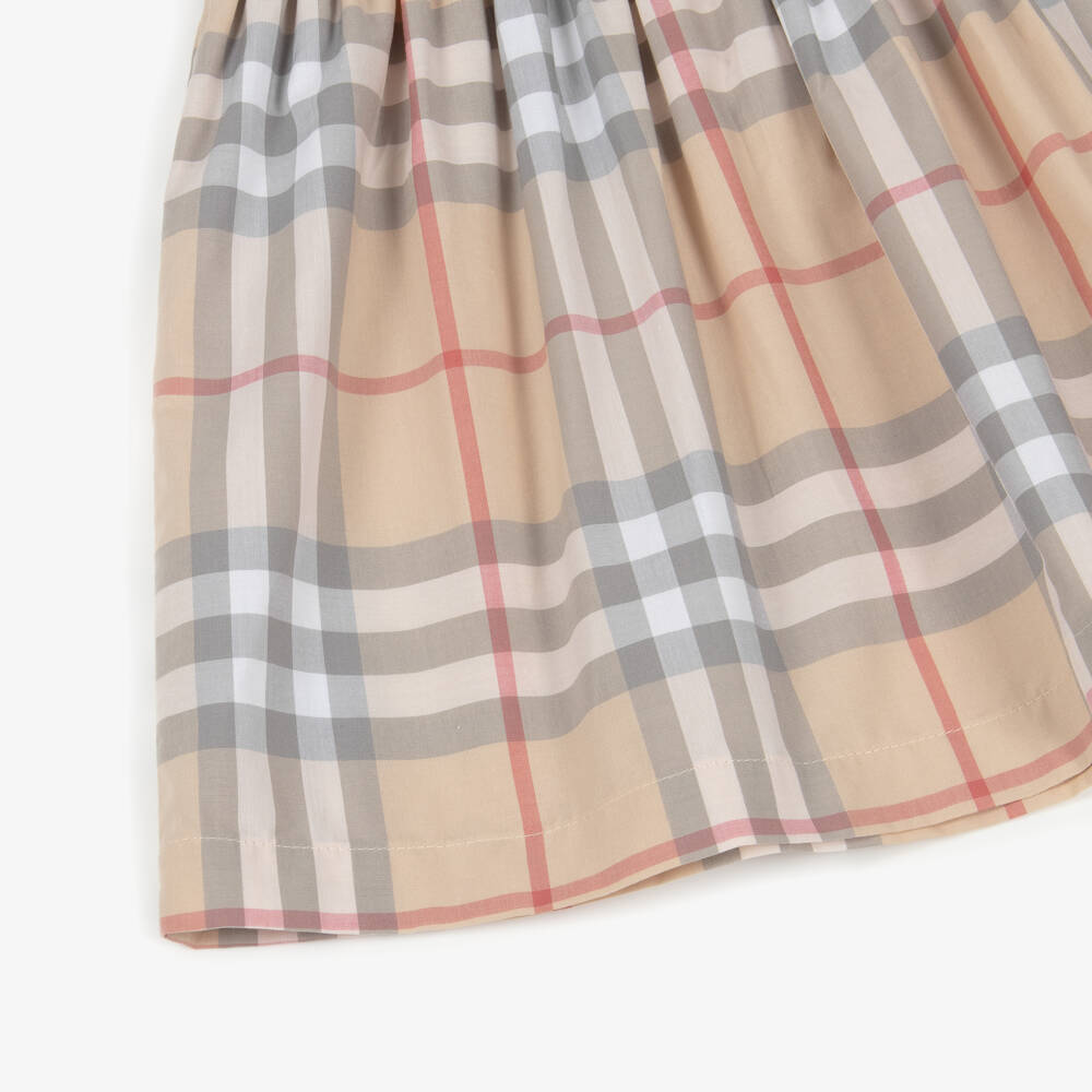 Burberry-Baby Girls Beige Check Cotton Dress with White Collar | Childrensalon