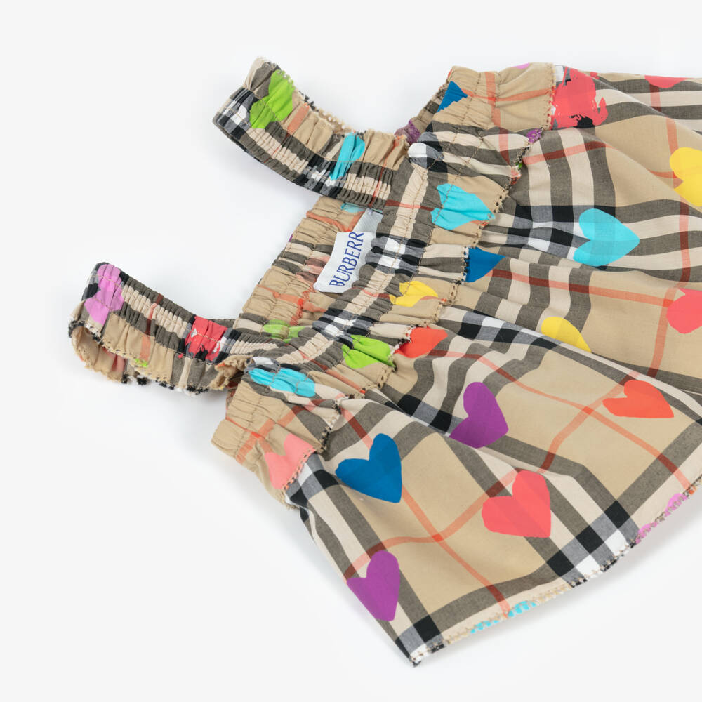 Burberry-Baby Girls Beige Check Cotton Top with Colourful Hearts | Childrensalon