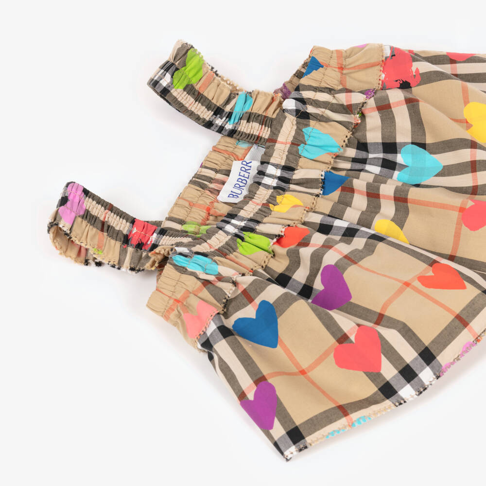 Burberry-Baby Girls Beige Check Cotton Top with Colourful Hearts | Childrensalon