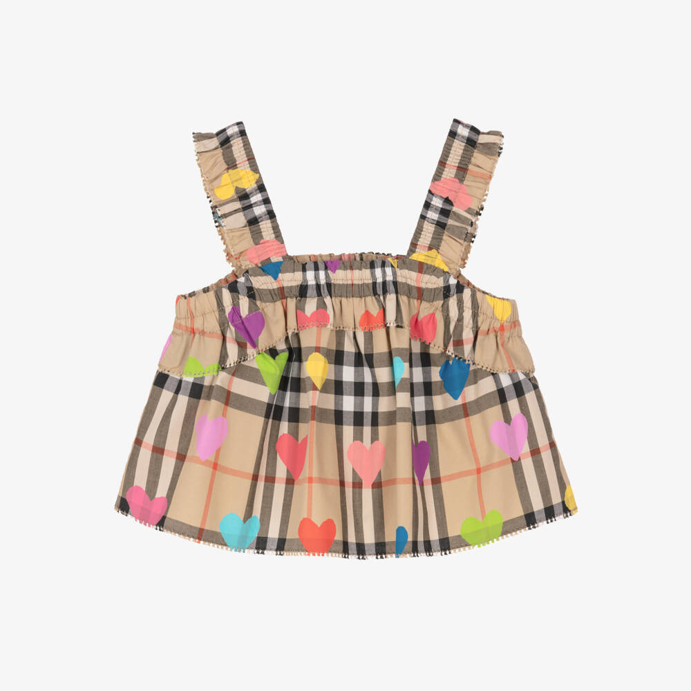 Burberry-Baby Girls Beige Check Cotton Top with Colourful Hearts | Childrensalon