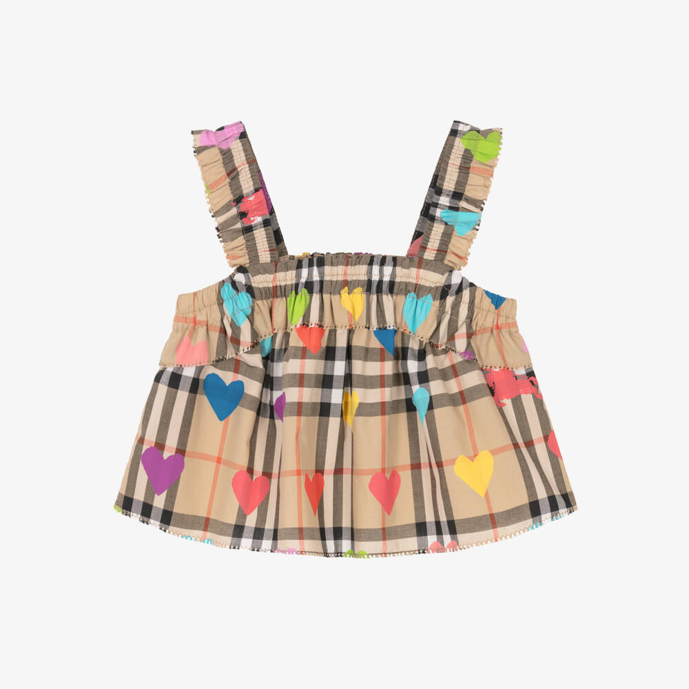 Burberry-بلوزة قطن بنقشة مربعات وقلوب لون بيج للبنات الرضع | Childrensalon