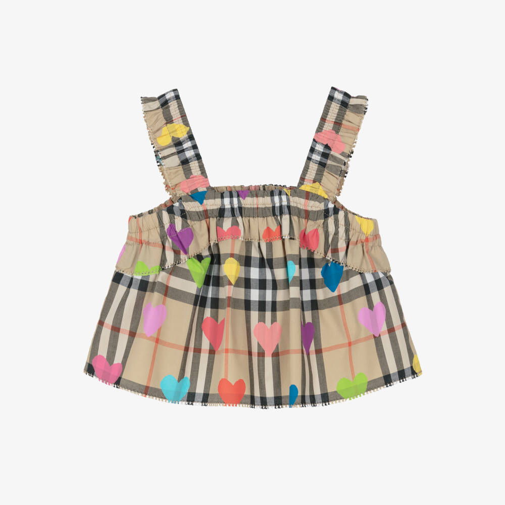 Burberry-Baby Girls Beige Check Cotton Top with Colourful Hearts | Childrensalon