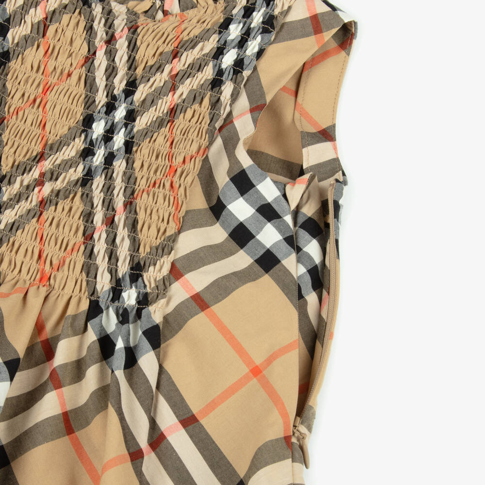 Burberry-Baby Girls Beige Check Poplin Dress | Childrensalon