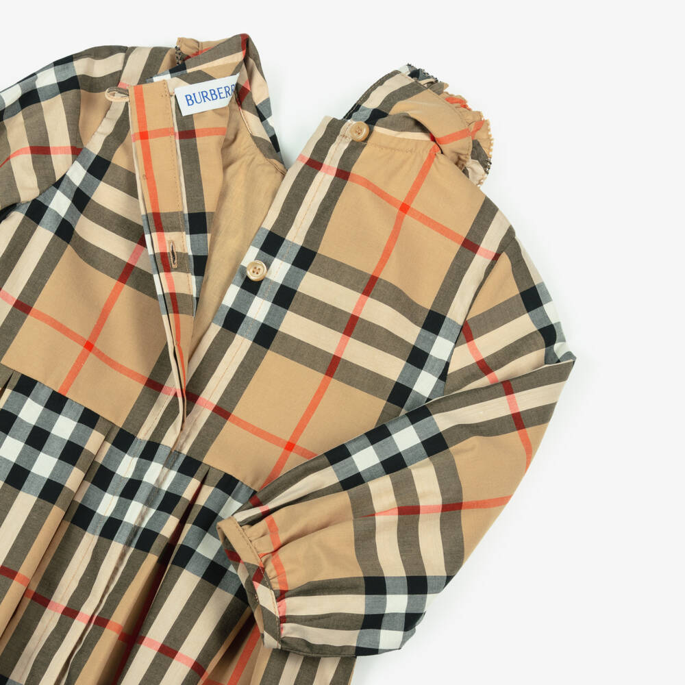 Burberry-Baby Girls Beige Check Shirred Cotton Dress  | Childrensalon