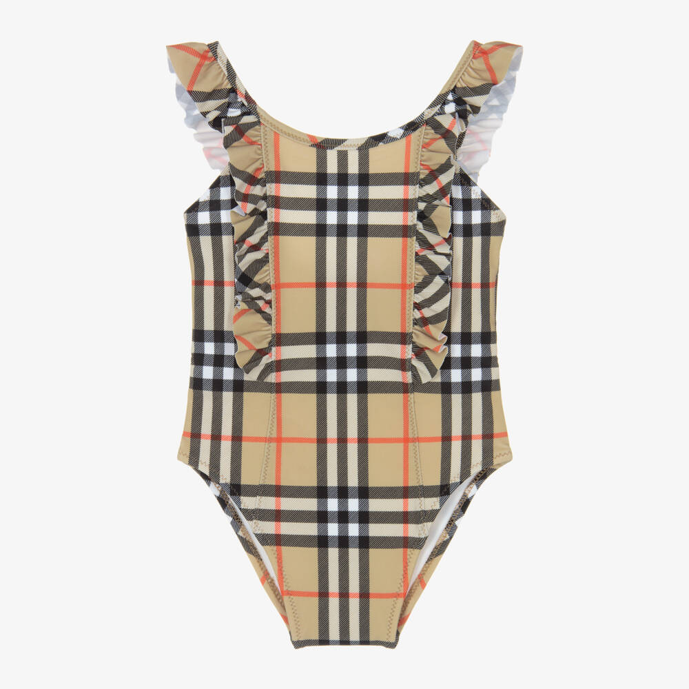Burberry-Baby Girls Beige Check Swimsuit with Ruffle Trim | Childrensalon