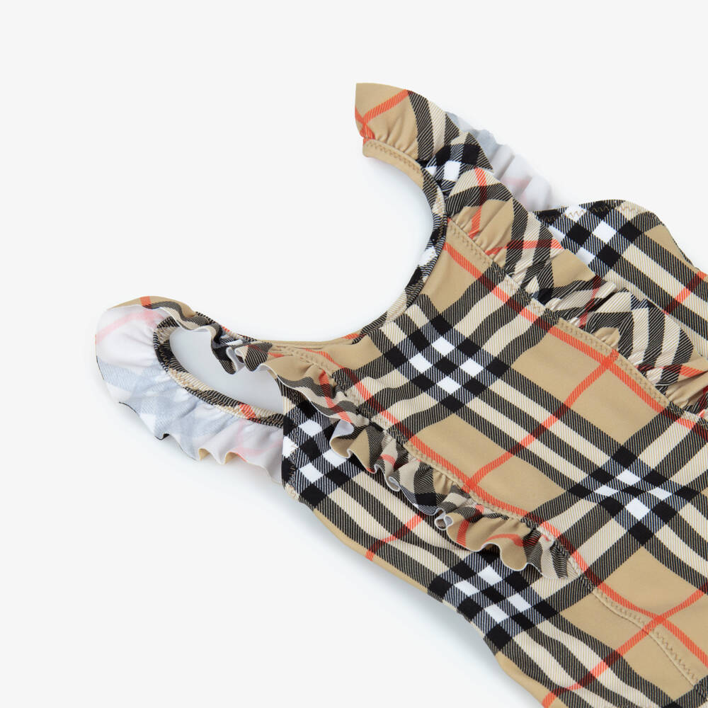 Burberry-Купальник бежевый в клетку с оборками для малышек | Childrensalon