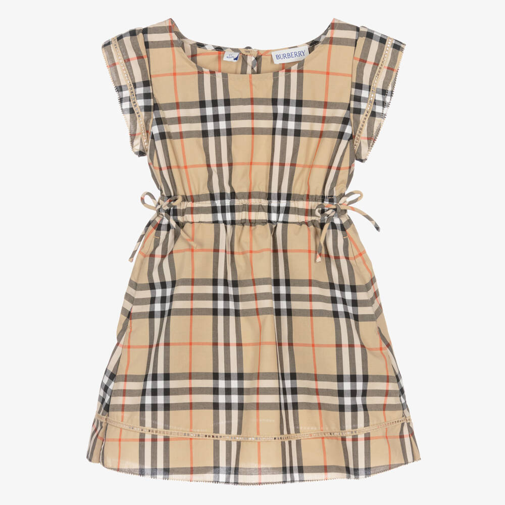 Burberry-فستان بنقشة مربعات قطن لون بيج للبنات الرضع | Childrensalon