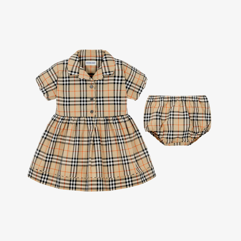 Burberry-Baby Girls Beige Cotton Poplin Check Dress | Childrensalon