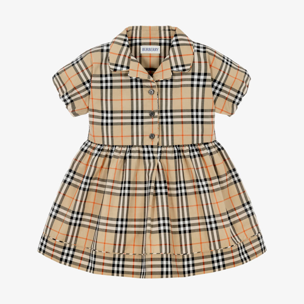 Burberry-Baby Girls Beige Cotton Poplin Check Dress | Childrensalon