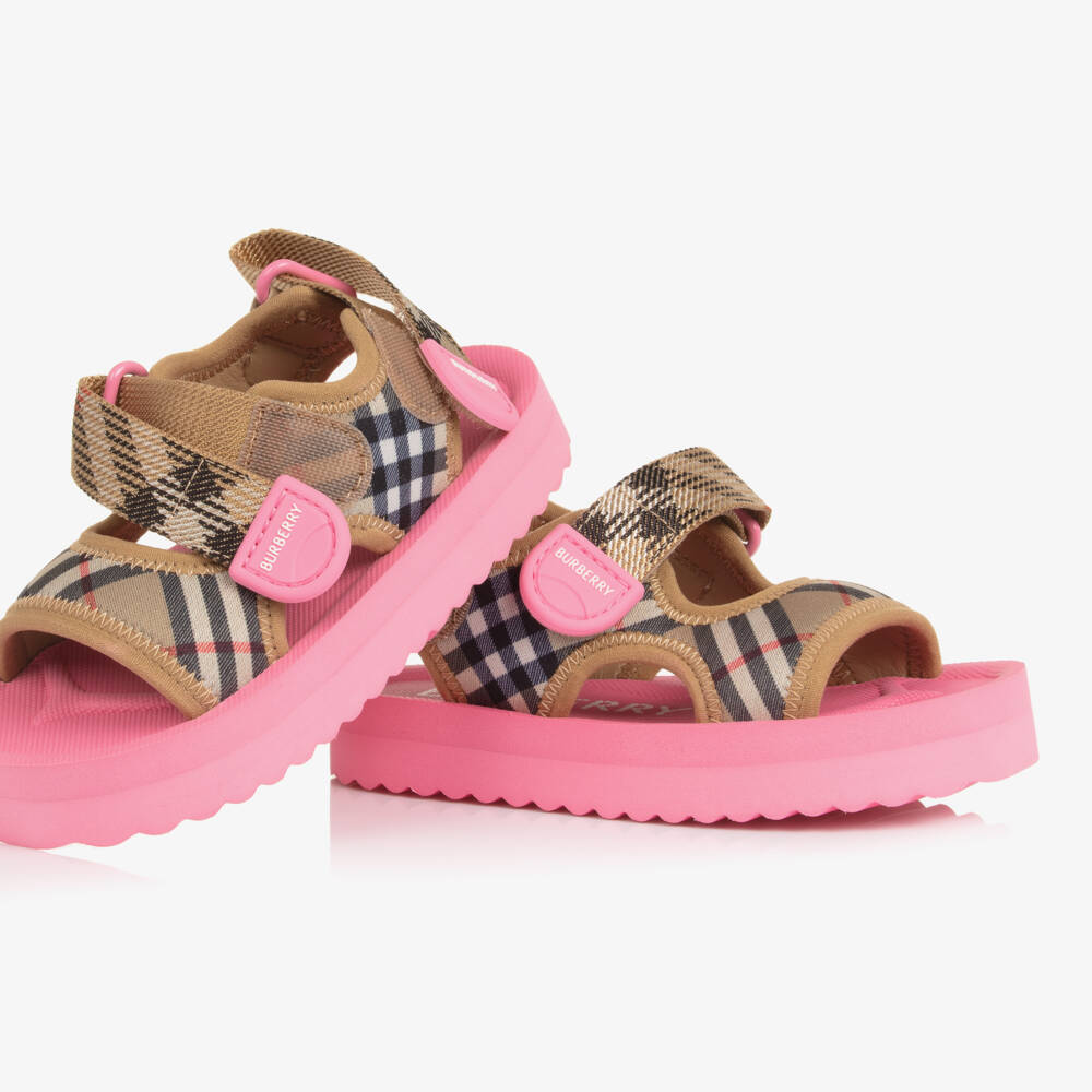 Burberry-Baby Girls Beige & Pink Burberry Check Velcro Sandals | Childrensalon