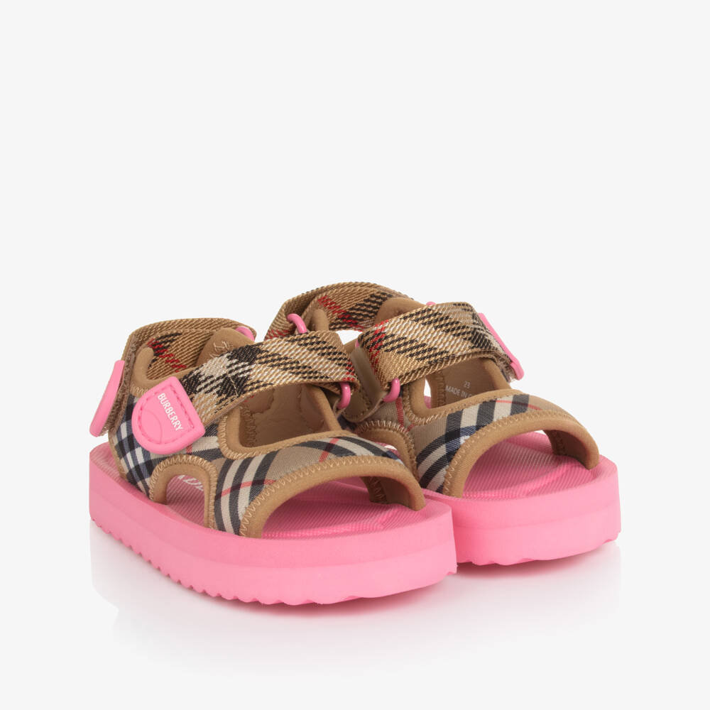 Burberry-Baby Girls Beige & Pink Burberry Check Velcro Sandals | Childrensalon